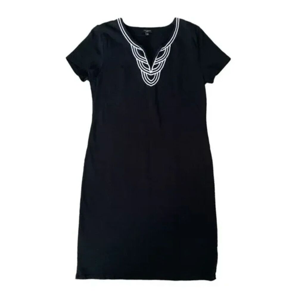 Talbots Black V-Neck Sheath Dress Medium Cotton Artful Embroidery Indie Capsule